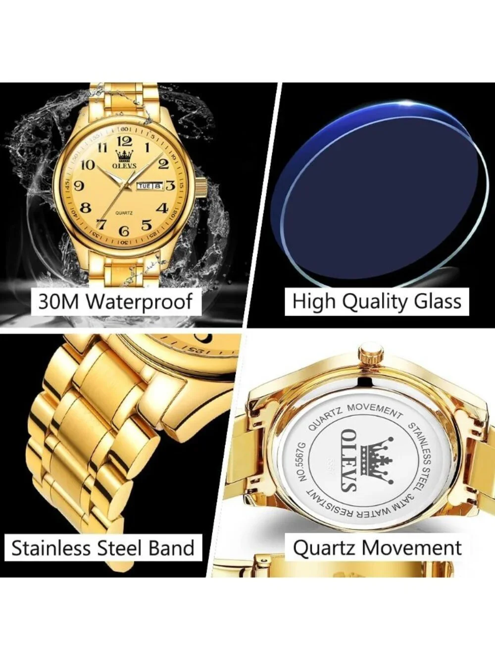 Men's Gold Stainless Steel Solid Analog Quartz Classic Waterproof Round Watch